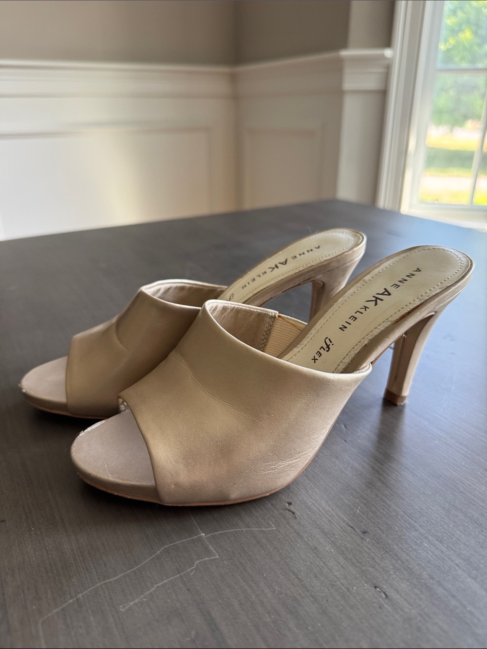 Anne Klein Nude Open-Toe Slip-On Mule Heels